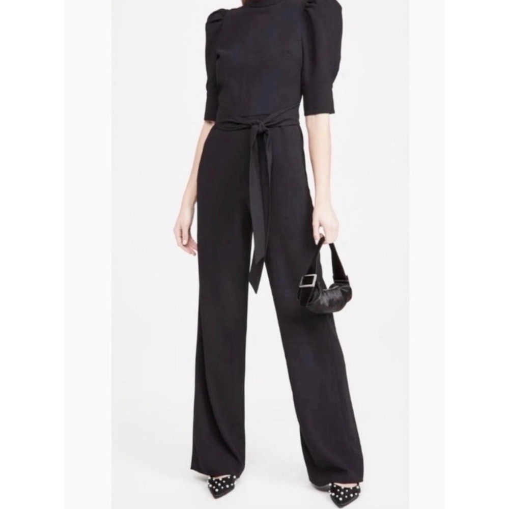 Alice + Olivia Classics Black Mock Neck Puff Sleeve Wide Leg Jumpsuit Size 6